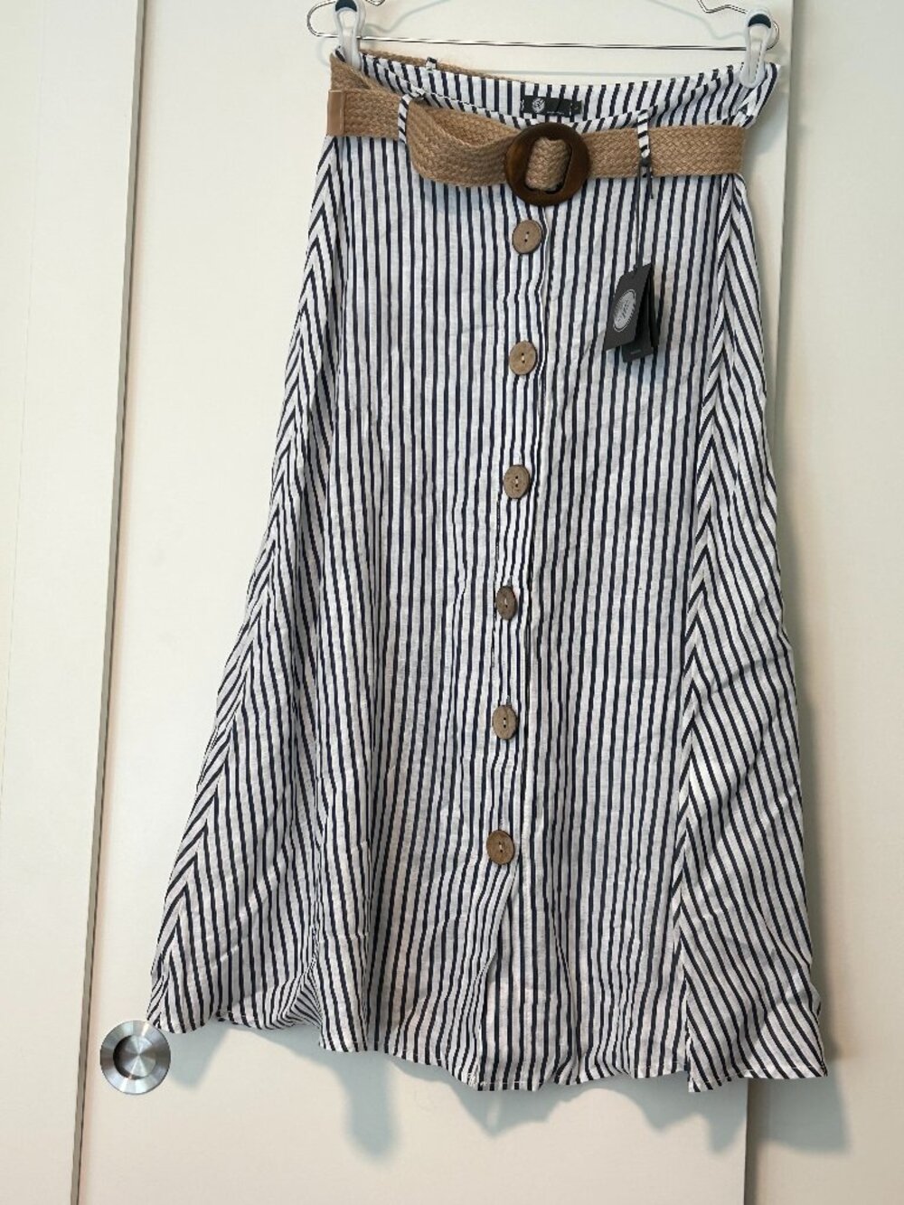 M Made in Italy Striped Linen Midi Skirt with Belt, Navy and White, Size L, NWT